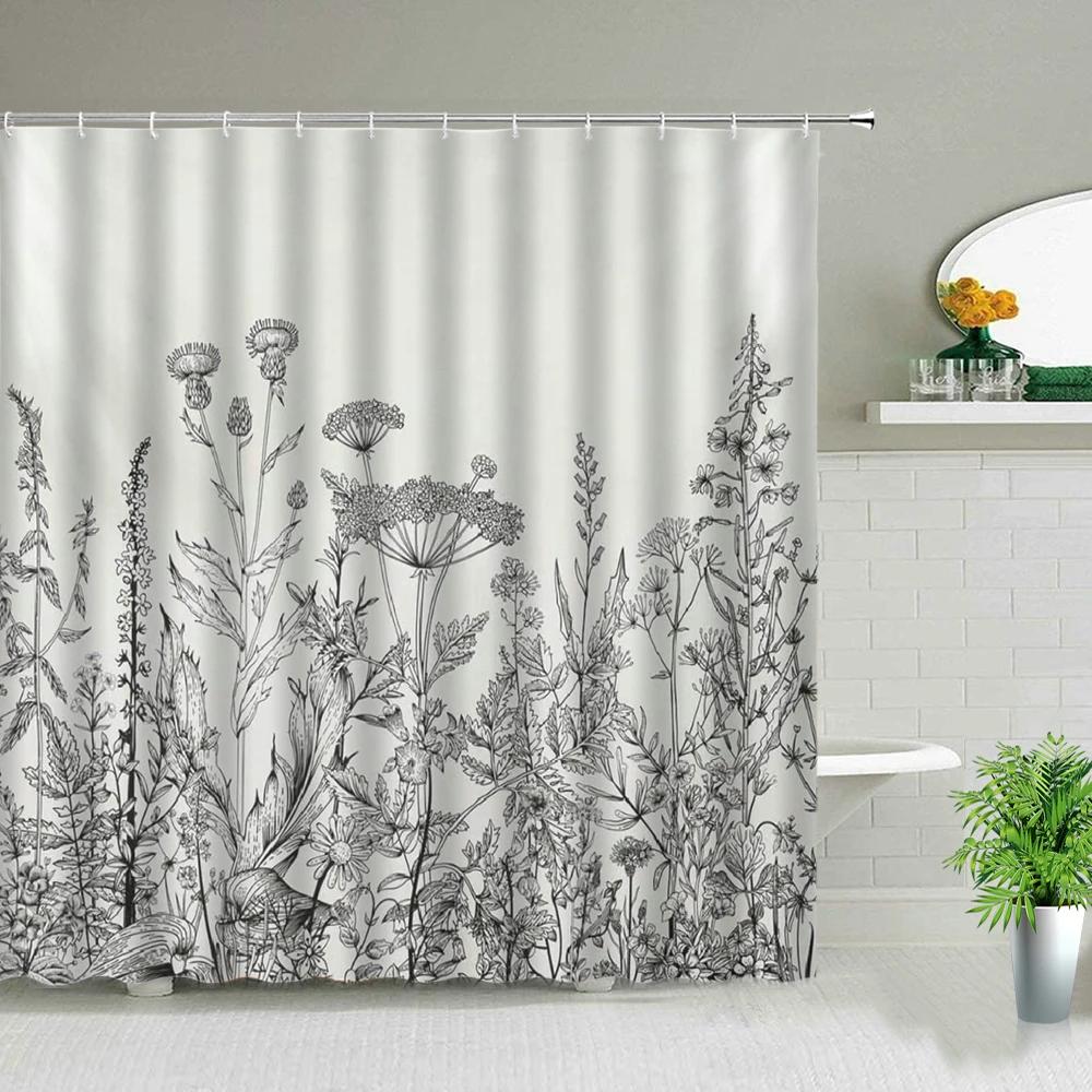Plant Series Shower Curtains Bathroom Waterproof Polyester Cloth Curtain Set Flowers Print Screens For Bathtub Decor With Hooks