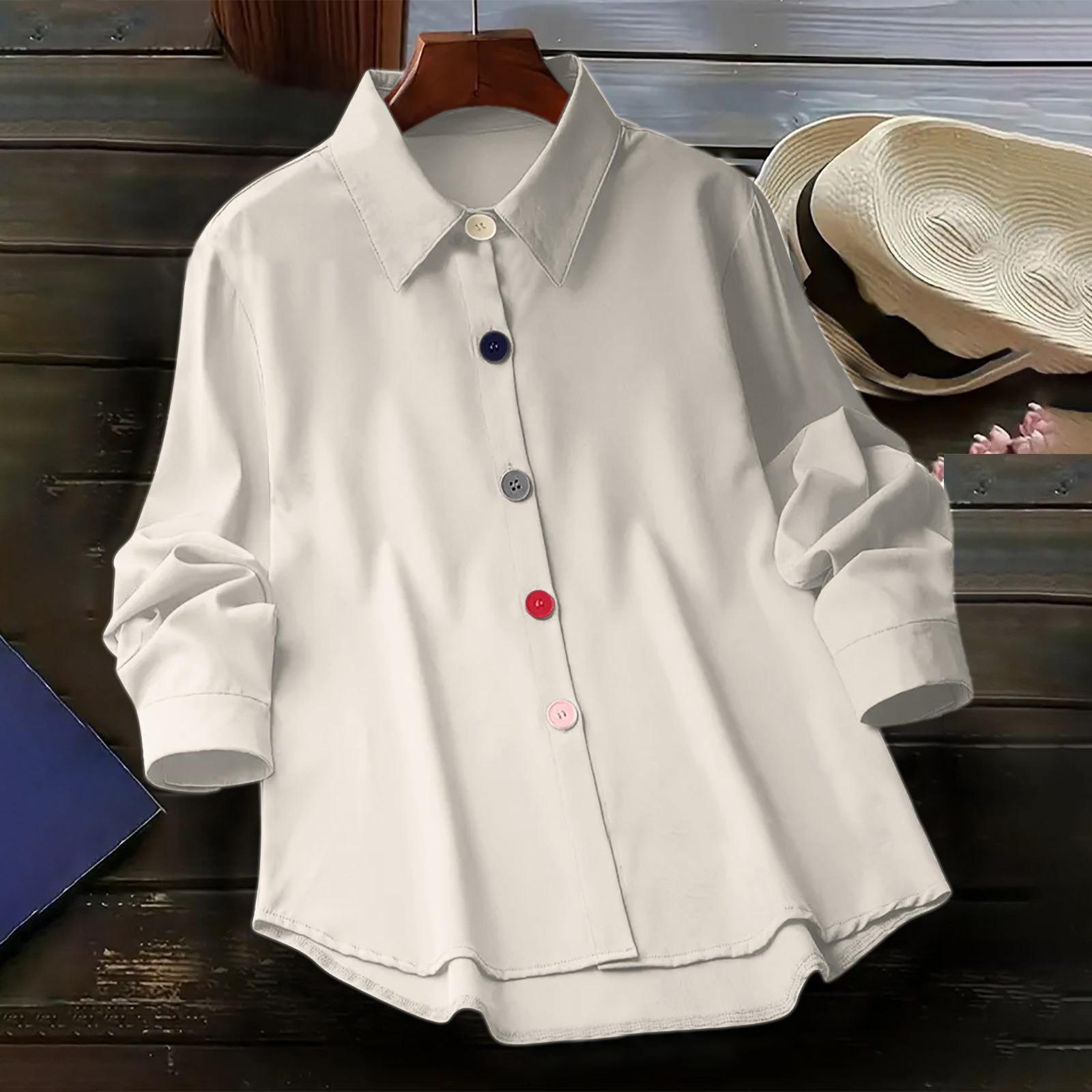 

Women Autumn Long Sleeve Single Breasted Blouse and Shirts Candy Color Button Solid Shirts Tops S білий