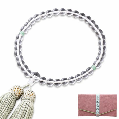 Kyoto Butsudan Hayashi Prayer Beads for Women, Pure Silk with Tassel, Genuine Crystal, Two-Heaven Indian Jade (Jadeite) [Prayer Beads Bag Set] W-037 K