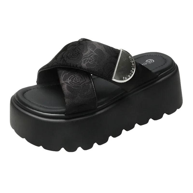 Módní dámské letní pantofle na vysoké platformě 7,5 cm, plátěné klínkové podpatky, nazouváky, robustní sandály pro sladkou dívku s otevřenou špičkou, plážové žabky