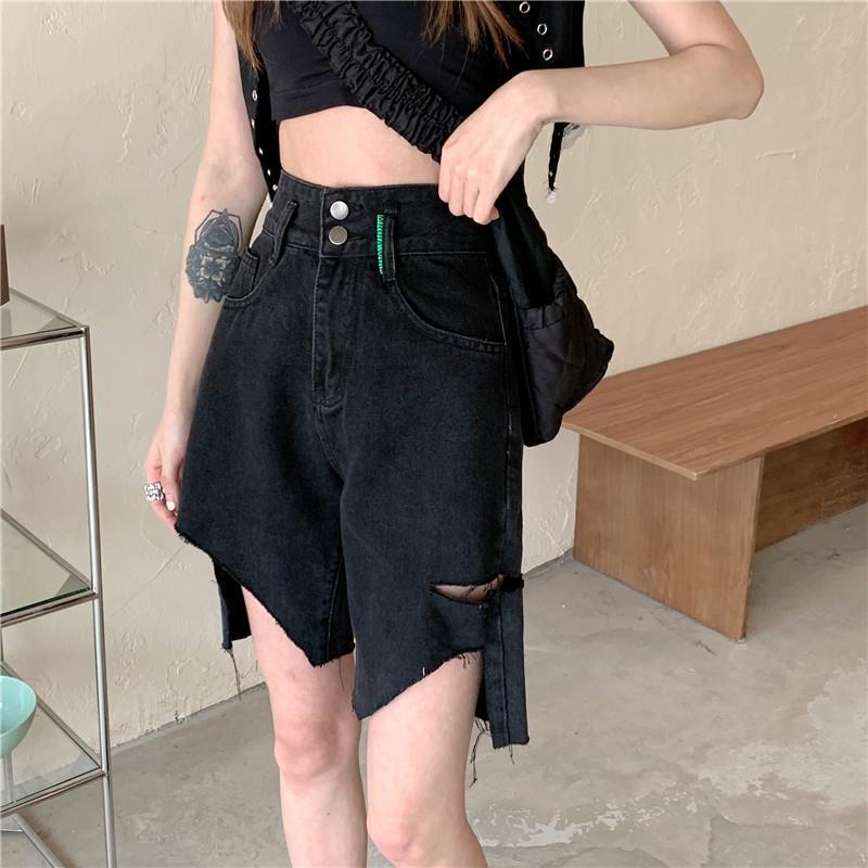Fashionable Black Cropped Jeans Women's Summer Pants High Waisted Straight Leg Loose Wide Leg Shorts