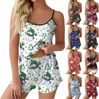 Damen Modisches, lässiges Pyjama-Set mit ärmellosem Oberteil und Shorts mit Weihnachtsmuster