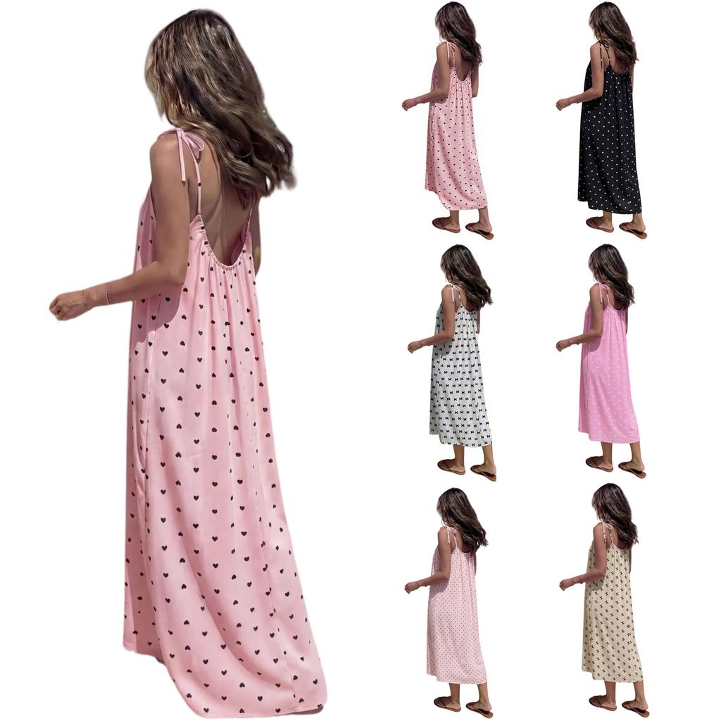 Women Sleeveless Backless Dress with Adjustable Thin Straps Casual Loose Fit Midi Dress with Bow Tie and Heart Print Summer Dress
