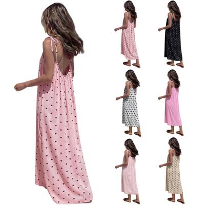 Women Sleeveless Backless Dress with Adjustable Thin Straps Casual Loose Fit Midi Dress with Bow Tie and Heart Print Summer Dress