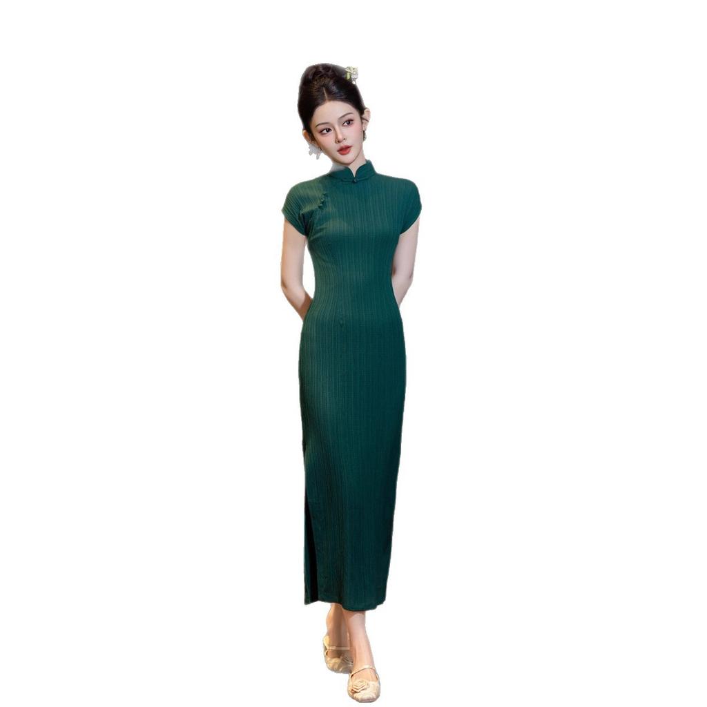 New new Chinese cheongsam dress green girl daily literary waist thin retro Chinese style dress daily