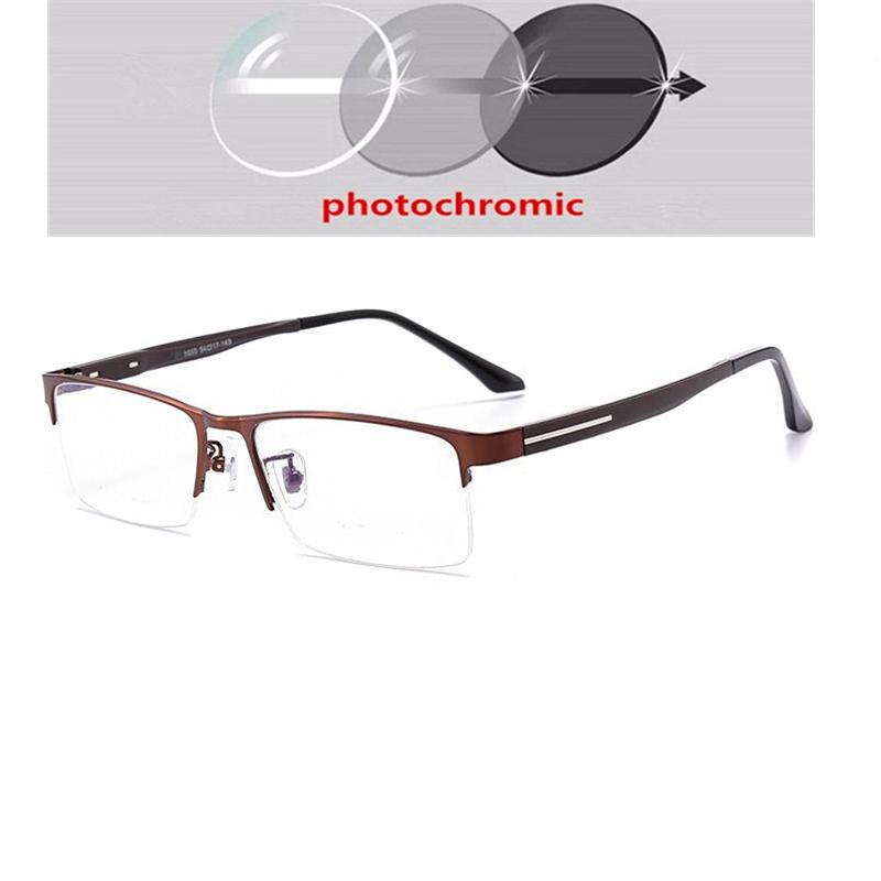 Half Frame Sun Photochromic Gray Customize Prescription Eyeglasses +Metal Square Short-Sight Eyewear 0 -0.5 -0.75 To -6.0