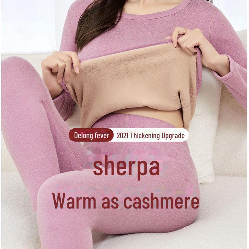Damen Lammfell Thermo Unterwäsche Anzug, Plus Samt Verdickt, Nahtlos, Große Größe Basisschicht für Herbst/Winter.