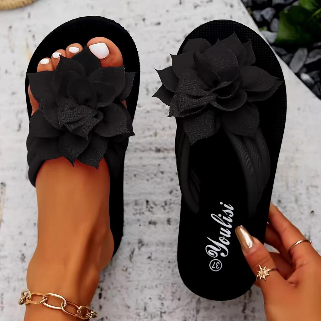 Women's Floral Flip-Flops - Fabric Upper, EVA Sole, Mid Heel, Slip-On Vacation Style for All-Season Wear