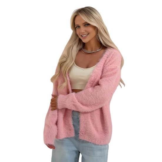 

Women Sweater Coat V-Neck Long Sleeve Buttons Placket Knitting Coat Pure Color Elastic L