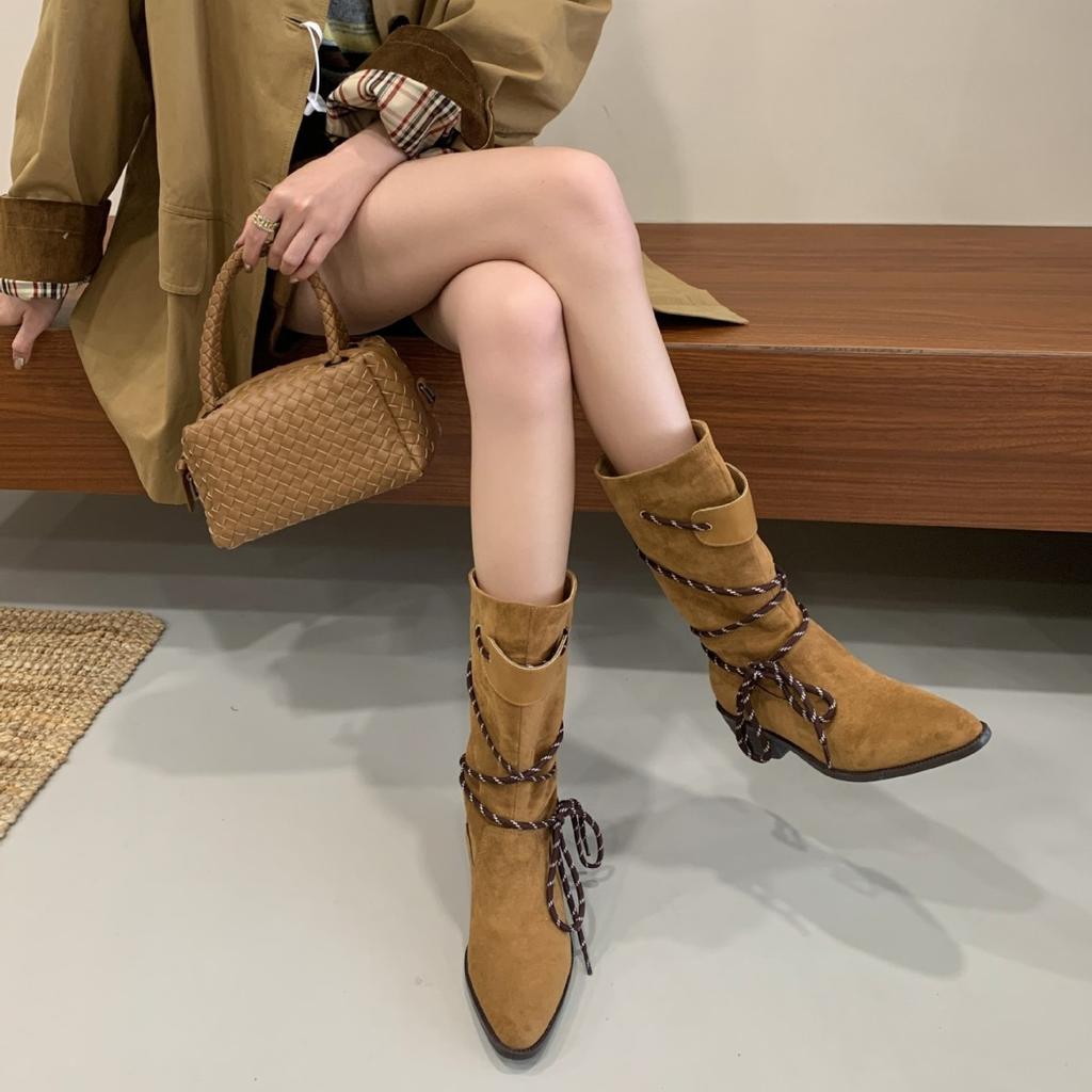 2025 autumn and winter new niche strap mid-tube boots pointed short boots knight boots Maillard western cowboy boots women