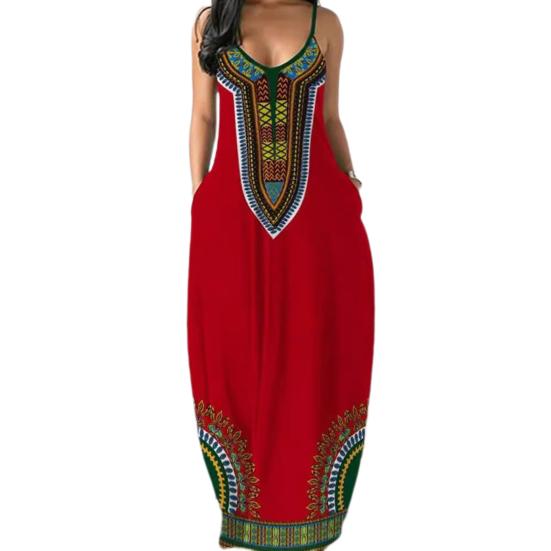 Sommer Damen Trägerkleid Retro Kontrastfarbe Bedruckt Übergroß V-Ausschnitt Ärmellos Rückenfrei Bohemian Stil A-Linie Knöchellang Urlaub Maxikleid