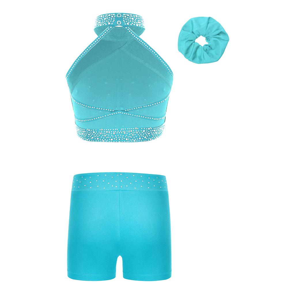 Mädchen Eiskunstlauf Kostüm Neckholder Ärmellos Rückenfrei Weste Strass Shorts Haarreif