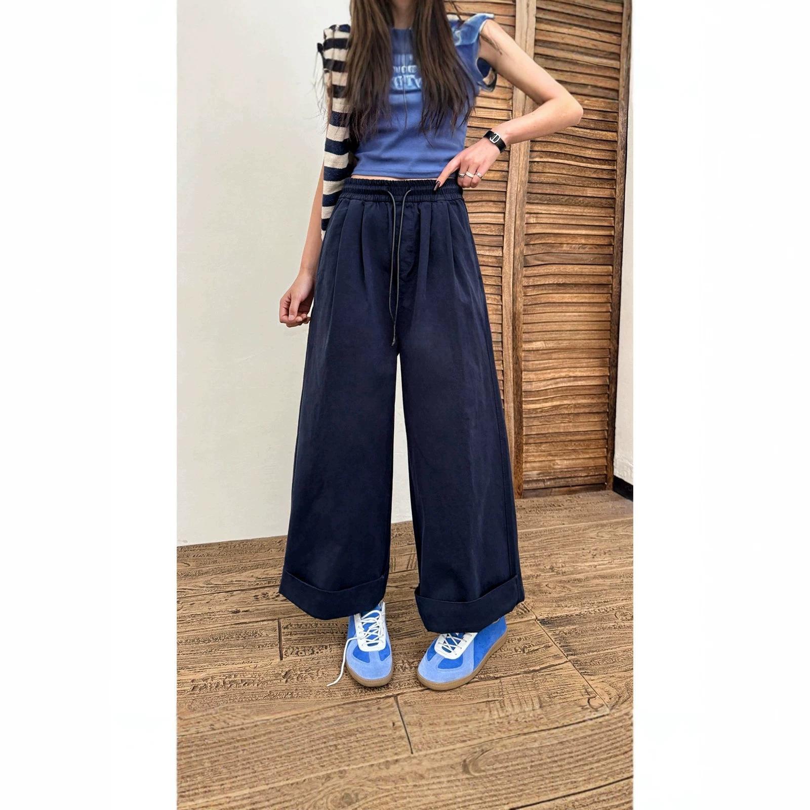 

2026 Summer New Wide-Leg Pants High-Waisted Straight-Leg Casual Comfortable Loose Slimming Versatile Fashionable Women s Casual Pants M темно-синий