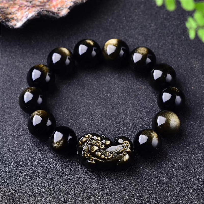 Natural Crystal Obsidian Pixiu Bracelet Black Obsidian Buddha Beads Men's and Women's Hand Jewelry Prayer Beads