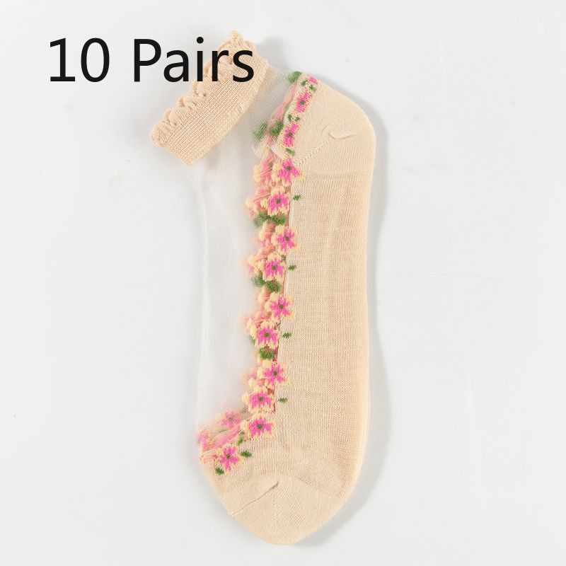 10 Pairs of Women's Thin Silk Stockings for Spring and Summer, Glass Lace Crystal Boat Socks, Cotton Socks, Breathable and Sweat-absorbent