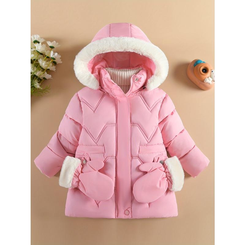 Girl'S Comfy Solid Color Long Sleeves Warm Hooded with Pockets & Gloves, Trendy Versatile Zip-Up Coat for Outdoors, Fall And Winter Best Choice