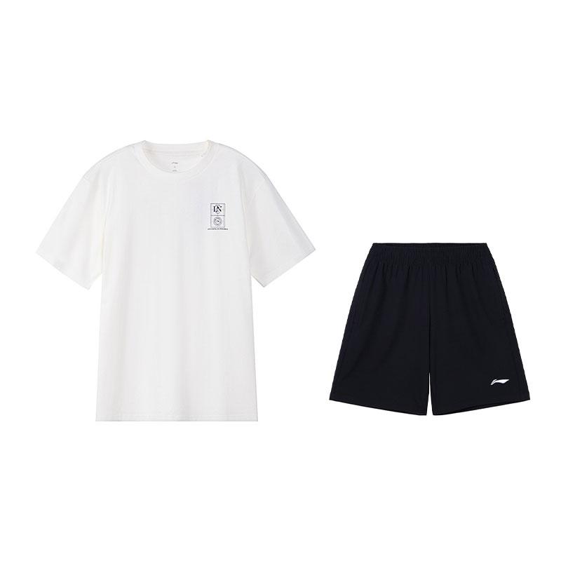 

Li-Ning Versatile Breathable Comfortable Short Sleeve Cool Shorts Casual Sports Suit Men suit Off-White Black W867-1+W685-1 S