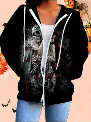 Halloween 3D Printed Hooded Cardigan Plus Size Autumn Winter Retro