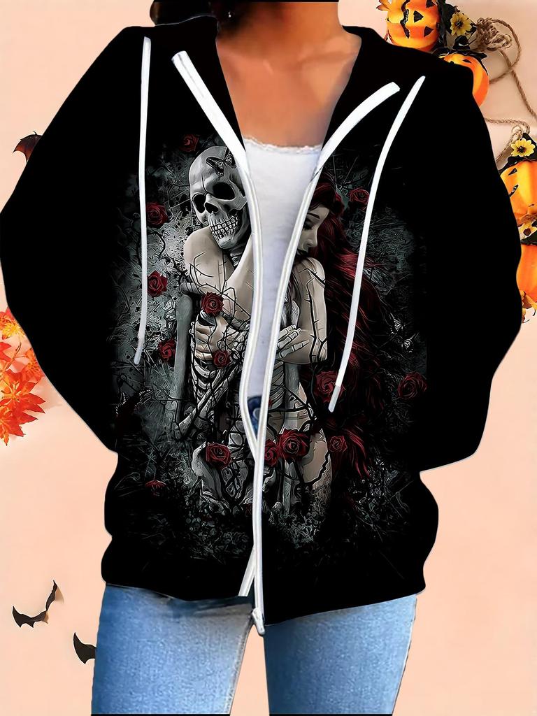 Halloween 3D Printed Hooded Cardigan Plus Size Autumn Winter Retro
