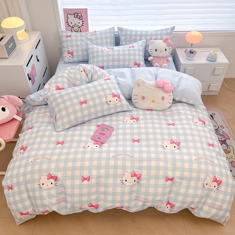 Hello Kitty All-Cotton Cute Cartoon Girl Fitted Sheet & Duvet Set - 4-Pc Dorm Style