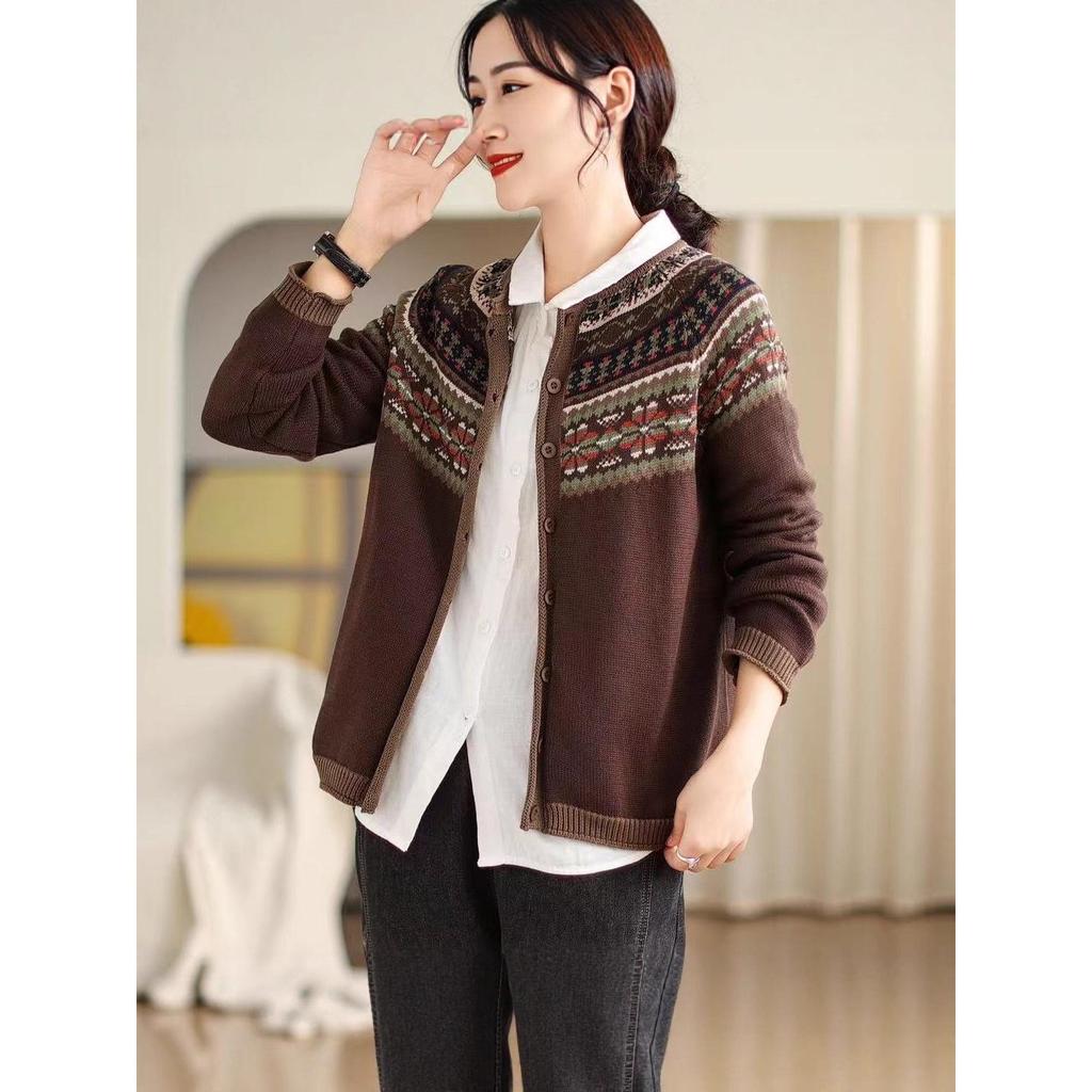 Women's Retro Ethnic Style Loose Knit Cardigan with Long Sleeves