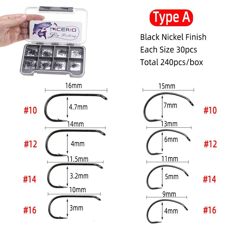 

240 шт., набор крючков для вязания мушек, крючок с колючкой, сухой рыболовный крючок Адамса, изогнутый крючок для нимфы, ручейника, куколки креветок с коробкой