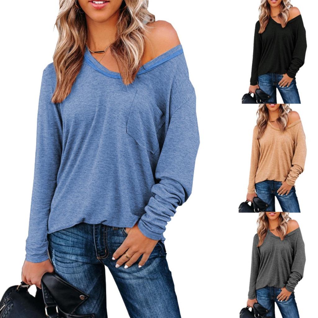 New Women's Solid V-neck Loose Long Sleeve T-shirt, Casual Top for Women, European American Style Crossborder Fashion