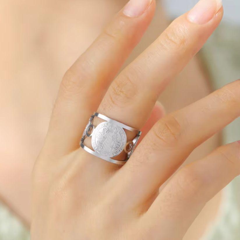 My Shape Saint Benedict Medallion Hollow Rings for Women Men Stainless Steel Religious Open Adjustable Finger Ring Jewelry Gifts