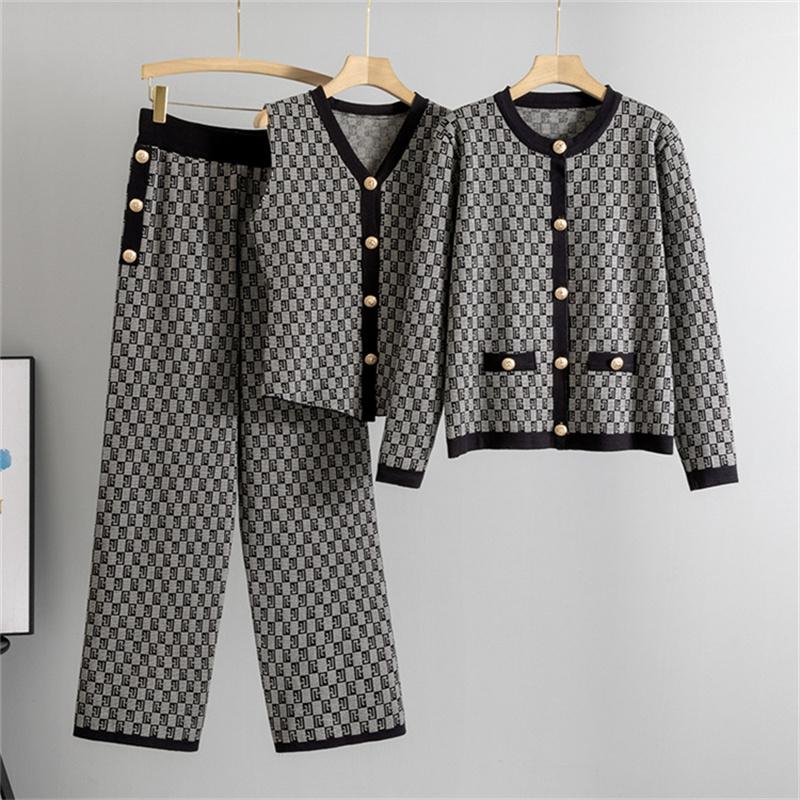 Women's Spring and Autumn New Fashion Style Knitted suit  Tank Top Sweater cardigan Pants 3 Piece suit