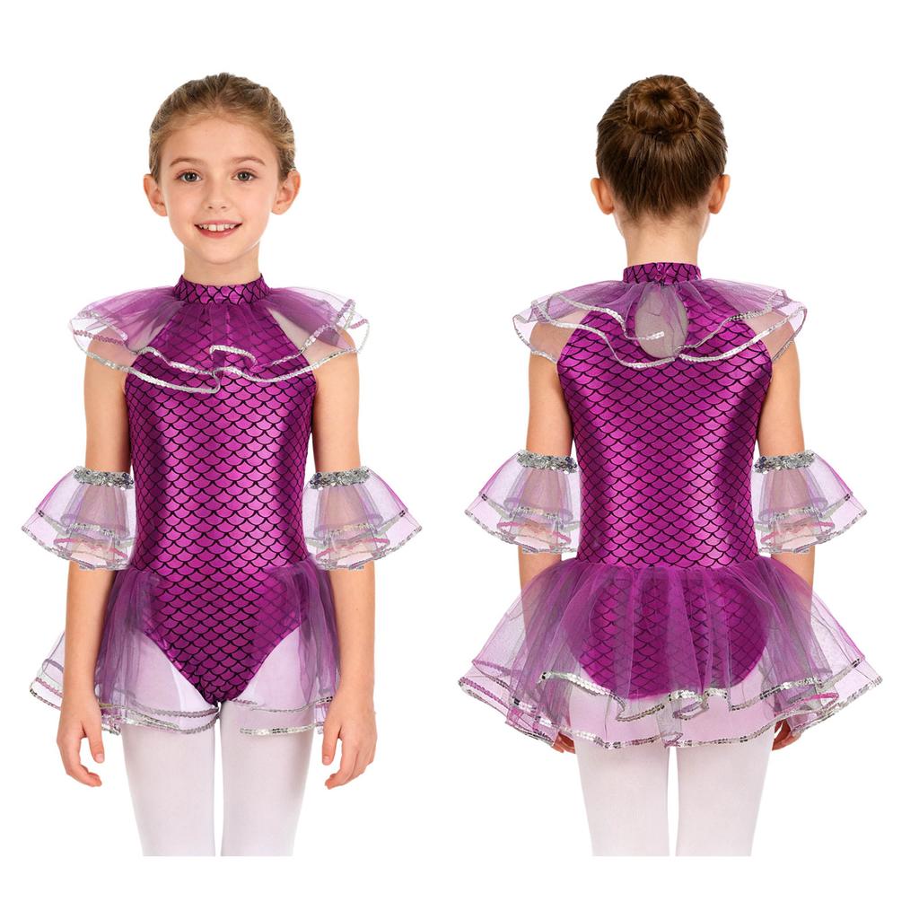 Kids Girls Mermaid Cosplay Costume: Sleeveless Mesh Sequins Bodysuit with Fish Scales Print & Arm Sleeves for Halloween Party