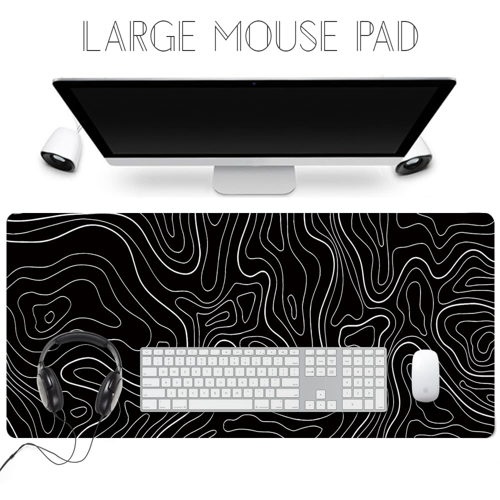 HGWALP Mouse Pad Gaming TOPO Large Mouse Pad Black and White Terrain Mouse Pad with Rubber Extension XXL Keyboard Mat for X Inches Non-Slip Base,