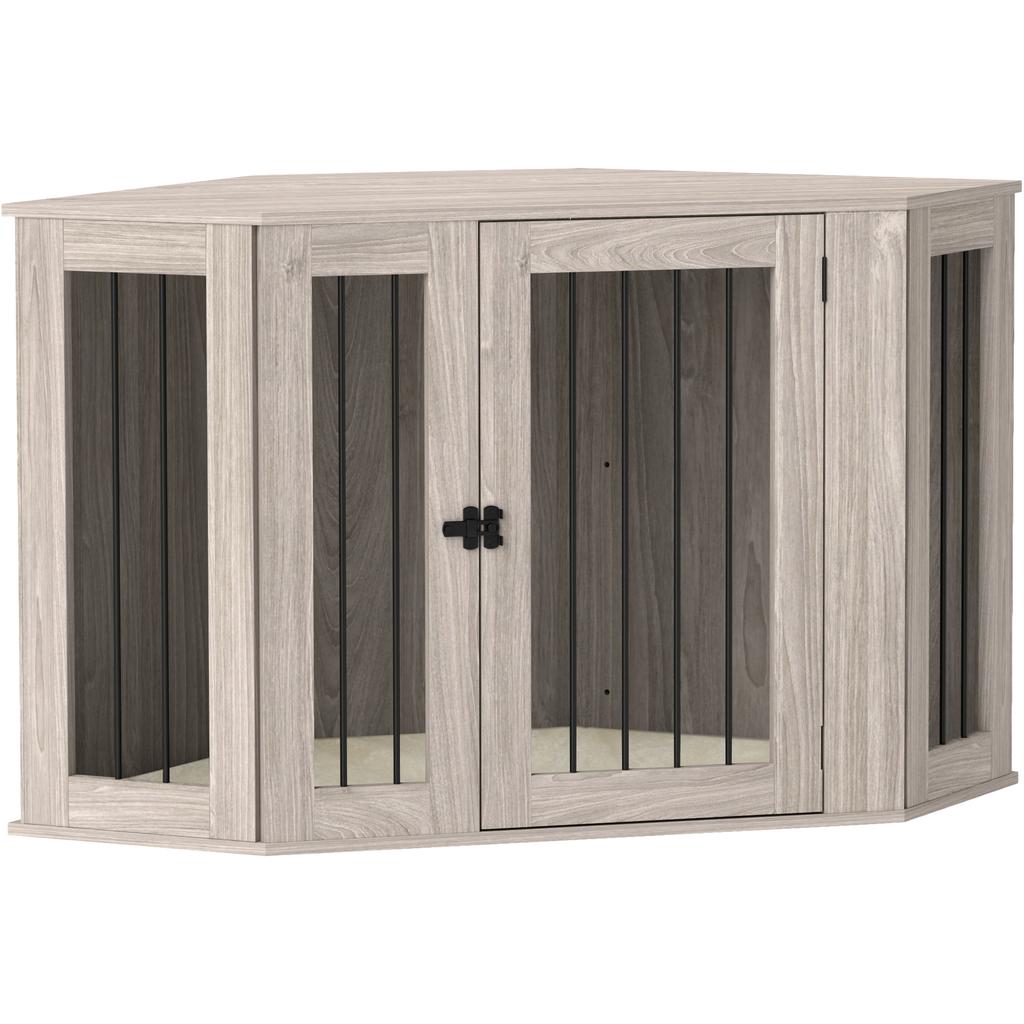 Dog Crate Furniture Side Table, with Cushion, 122 x 61 x 71cm - Walnut Brown