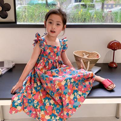 Girls' Floral Dress Square Collar Flying Sleeve Backless Dress Summer Children's Sweet Princess Long Dress