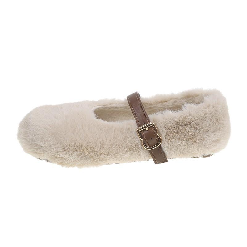 Fashion shallow mouth flat bottom plush shoes women wear winter versatile word with soft bottom Mary Jane cotton shoes