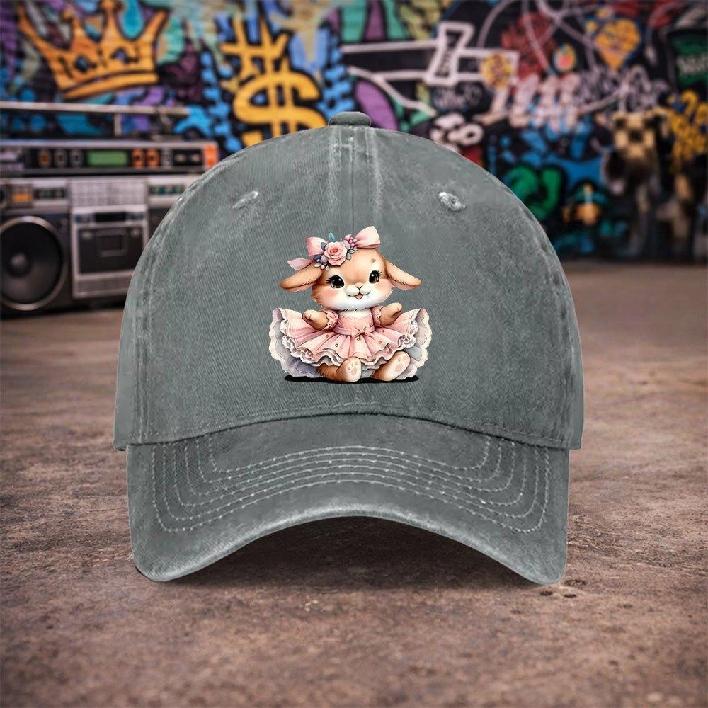 pc Unisex Cute Pink Floral Bunny Vintage Washed Baseball Cap Unisexs Trendy Hat Versatile Duckbill Cap Fun Print A Unique