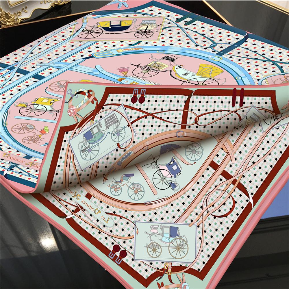 POBING Hand Rolled Twill Silk Scarf Women Horse Carriage Double Print Square Scarves Wraps Echarpes Foulards Femme Hijab 90CM