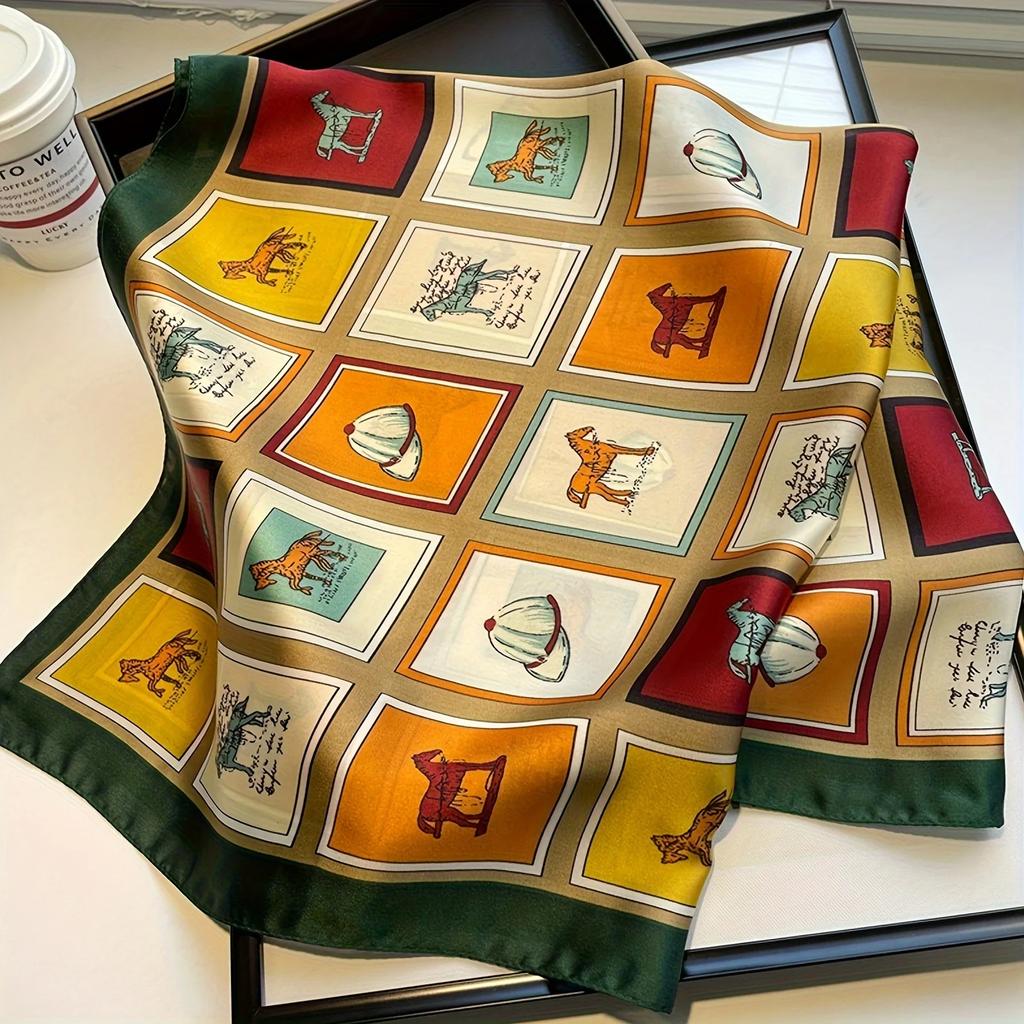Luxury Brand Grid Horse Print Square Scarf Simulated Silk Satin Neck Scarf Stylish Sunscreen Headscarf For Women