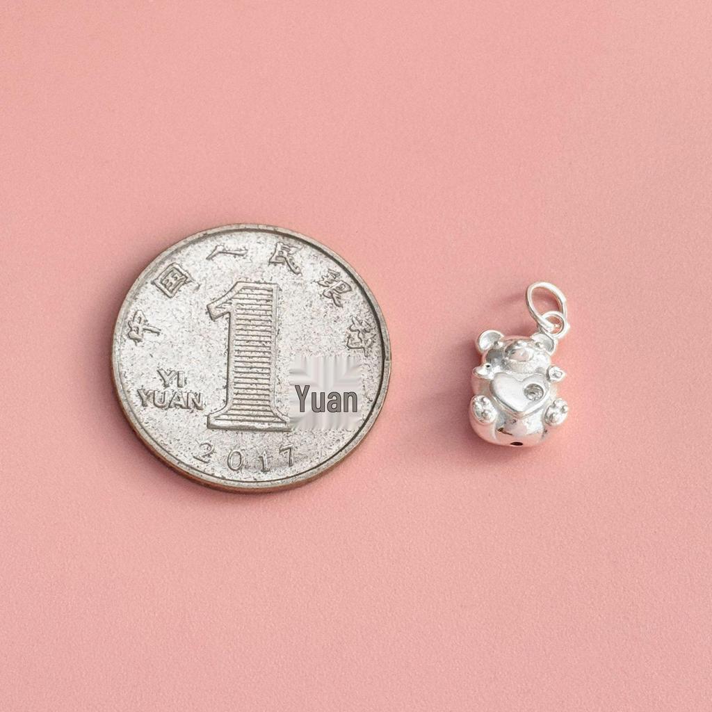 S999 Sterling Silver 3D Heart Bear Pendant with Zircon for DIY Crystal Bracelet or Necklace Beading.