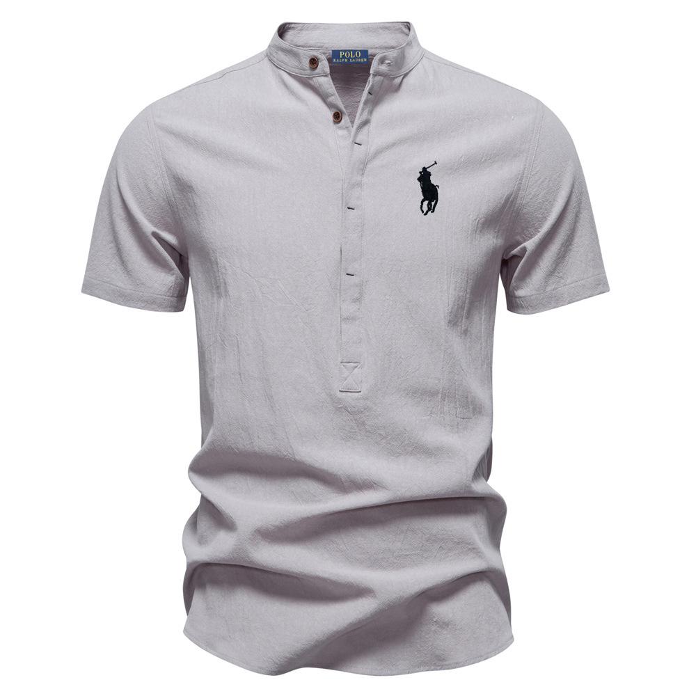 Polo Ralph Lauren Jaro/Léto Pony Vyšívaná Business Casual Košile Pánská Košile s Krátkým Rukávem Bavlněná Lněná Košile Stojáček Bavlněná Košile