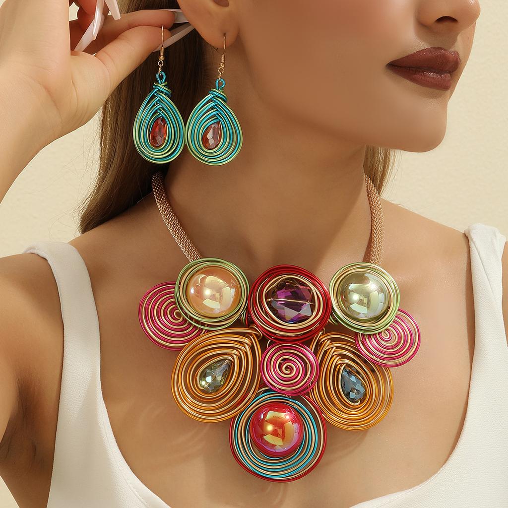 Fashion Luxury Crystal Bead Aluminum Wire Hand Woven Statement Necklace Earrings Jewelry Set For Women Party Dress Accessories