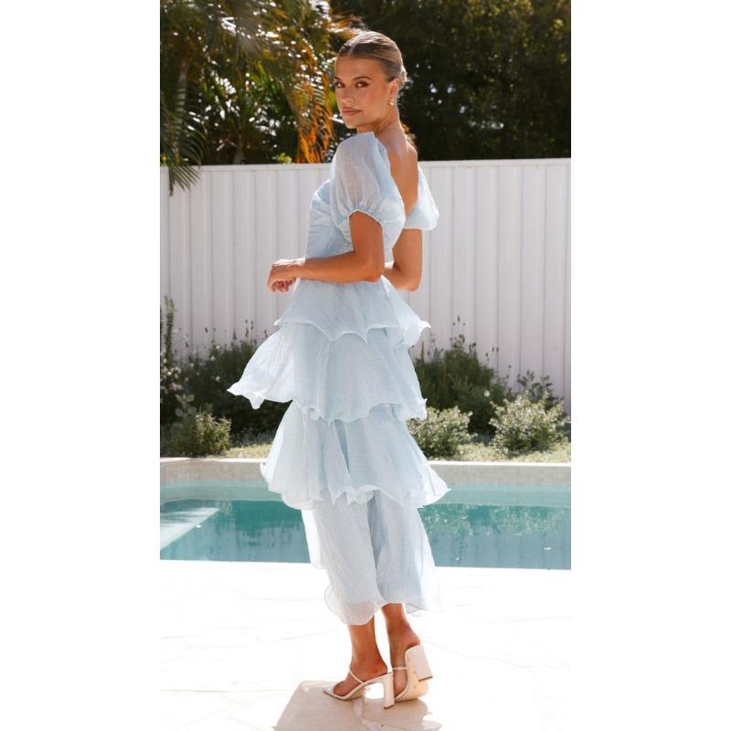 Women Fashion Backless Puff Sleeve Square Neck Long Solid Cake Dress