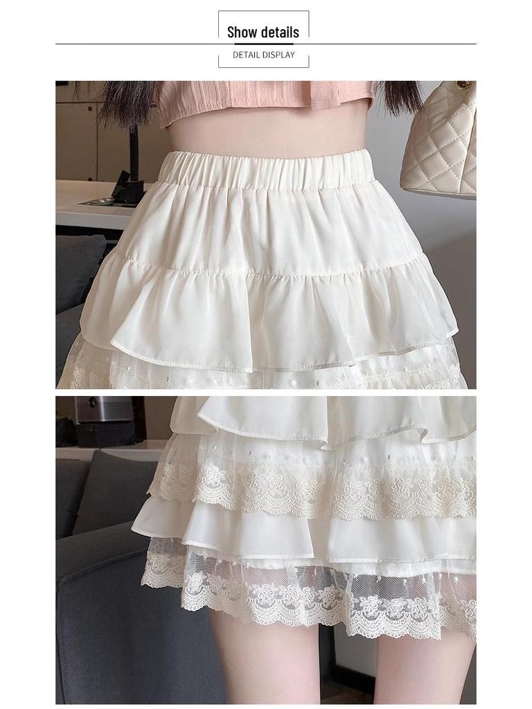 2026 Spring Women's High-Waisted Mesh Lace Trim Short Skirt with Anti-Exposure Design