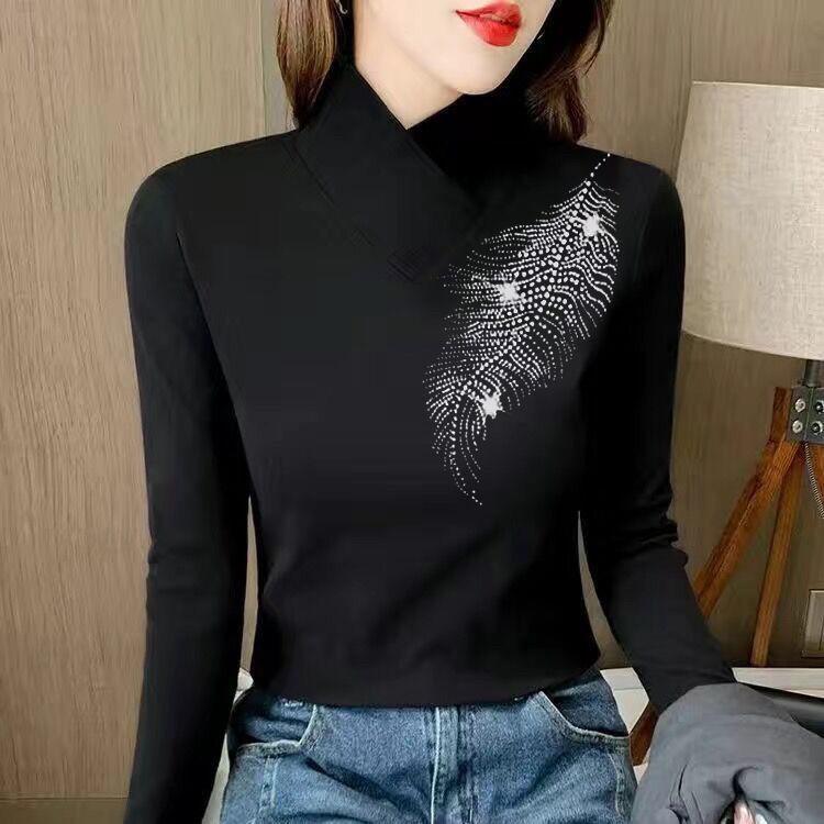 

Женская флисовая футболка, осенне-зимняя флокированная майка со стразами, футболка большого размера с длинными рукавами, женский толстый теплый пуловер, футболка, топ 5XL чёрный