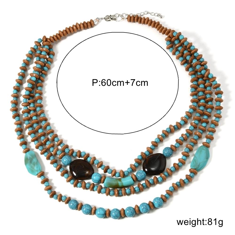 African Jewelry Bohemian Retro Ethnic Multi-layer Wooden Beads Imitation Turquoise Beaded Necklace Women's Party Accessories
