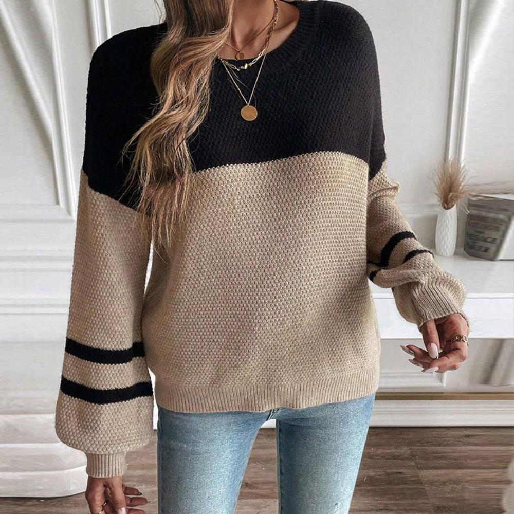 Damen Rundhals Langarm Strickpullover Oversized Farbblock Pendler Pullover