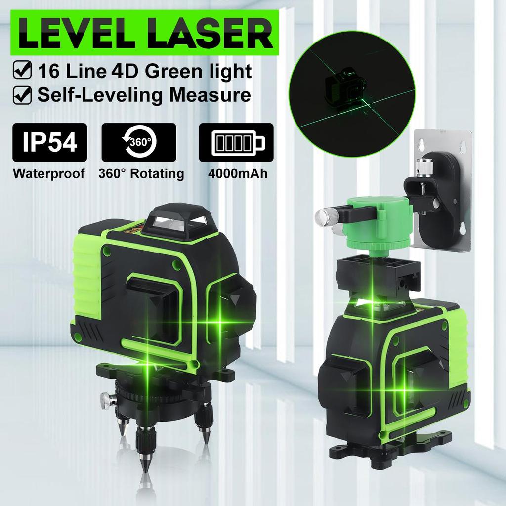 16 Line Laser Level Green Laser Level Line 4D Self-Leveling 360 Horizontal Vertical Cross Super Powerful Laser Level Remote Control 4000mAh Battery