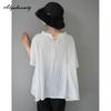 Korean Style Spring Summer Women Casual Loose Blouse Ruffled Collar White Black Pleated Blouse Batwing Sleeve Elegant Office Lady Blouse