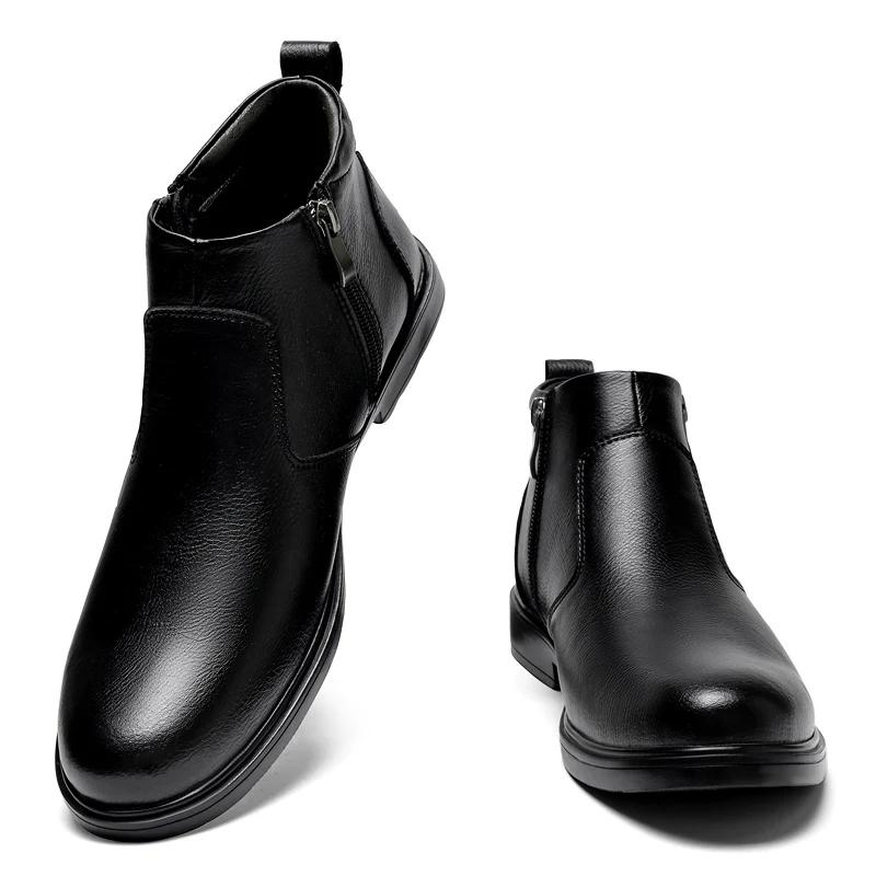 Fashion Brogue Chelsea Men Boots Classical Style Leather Ankle Boots Genuine Leather Mens Winter Plush Snow Botas Walking Shoes