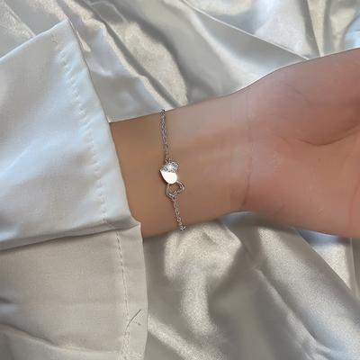 Flash Diamond Heart-To-Heart Bracelet Korean Personality Light Luxury Exquisite Fashion Two-Color Love Bracelet Valentine'S Day Gift