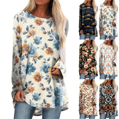 Damenmode Lässig Langarm Print Rundhals Pullover Top Bluse